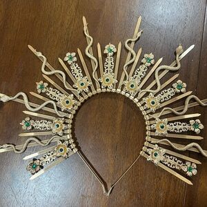 Golden Floral Hair Crown with Green Accents
